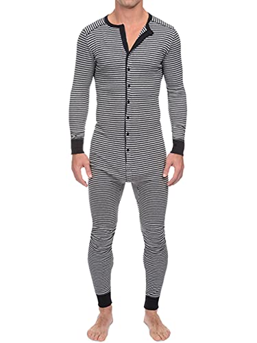 INCERUN Conjunto de ropa interior térmica de pijama de una pieza para hombre, capa base, rayas largas con botones, conjuntos térmicos para hombres, A-gris, XX-Large