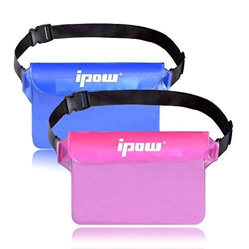 IPOW [2 PCS] Riñonera Impermeable acuatica para iPhone, móvil, cámara, iPad, Dinero, Archivos a Prueba de Agua (RosaTransparente + Azul)