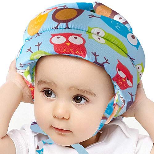 IULONEE ​Respirable Arnés Safety Helmets Gorra Protectora para Cabeza de Bebé, Casco de Bebe Golpes Ajustable Protección Cabeza (Búho Azul)