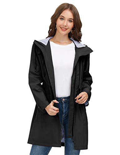 JASAMBAC Chubasqueros largos para mujer impermeables con capucha cortavientos Outwear chaqueta de lluvia gabardina, Negro, XL