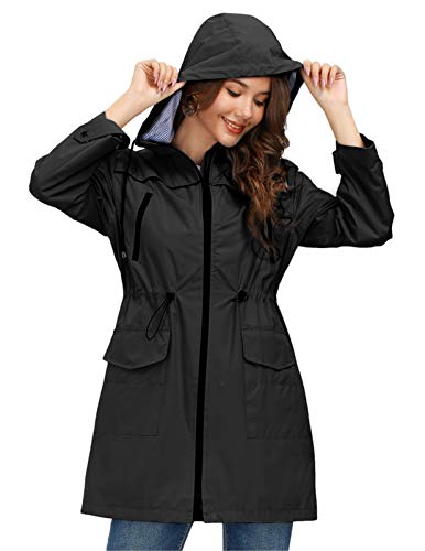 JASAMBAC Chubasqueros largos para mujer impermeables con capucha cortavientos Outwear chaqueta de lluvia gabardina, Negro, XL