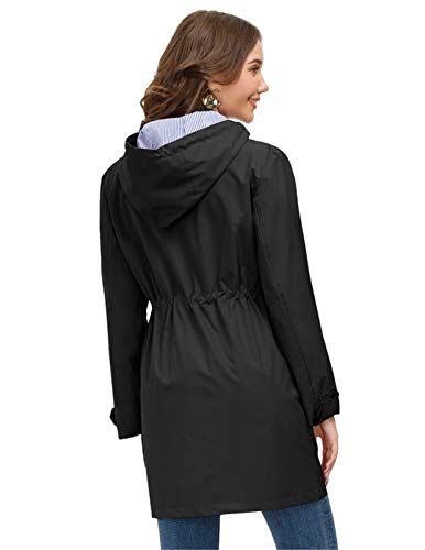 JASAMBAC Chubasqueros largos para mujer impermeables con capucha cortavientos Outwear chaqueta de lluvia gabardina, Negro, XL