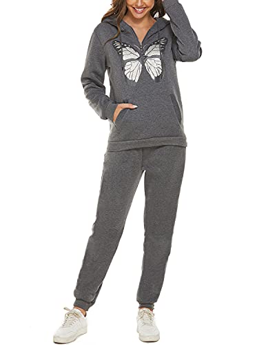 JENJON Mujer Conjunto de Chándal Chándal Mujer Completo 2 Piezas Estampado de Mariposas con Capucha + Pantalones Largos de Cintura Alta para Otoño Invierno Gris XL