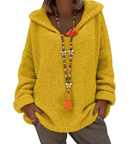 Jersey con Capucha Mujer Gordo Sueter de Punto Manga Larga Jerseys Grueso De Señora Oversize Jerséis Largo Jerseis Chica Sweaters De Mujer Suéter Pullover Grueso Anchos Amplio Invierno Amarillo M