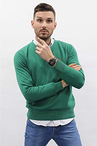 Jersey de Hombre Cuello Pico de Algodon Manga Larga de Marca Modelo Basico para Vestir Punto Fino (Verde Botella, M)