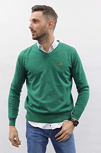 Jersey de Hombre Cuello Pico de Algodon Manga Larga de Marca Modelo Basico para Vestir Punto Fino (Verde Botella, M)