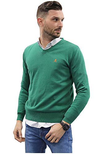 Jersey de Hombre Cuello Pico de Algodon Manga Larga de Marca Modelo Basico para Vestir Punto Fino (Verde Botella, M)