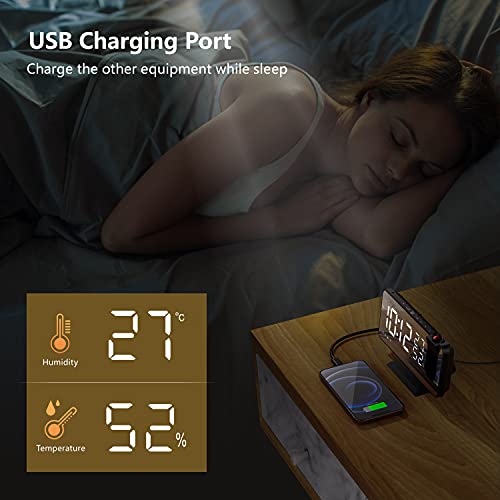 JIGA Despertador Digital Radio FM Despertador Proyector 180° con 7" Pantalla LED de Espejo Puerto USB Alarma Doble 4 Niveles Snooze de Brillos Reloj Despertador Digital para Cocina,Dormitorio,Oficina