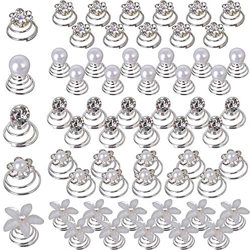 JNCH 60pcs Horquilla Espiral de Perla Rhinestone Espirales Pelo Pinzas Cabello Flores Plata Blanca Accesorios Pelo Boda Novia Mujer Nupcial Comunión (5 Estilos Mezclados)