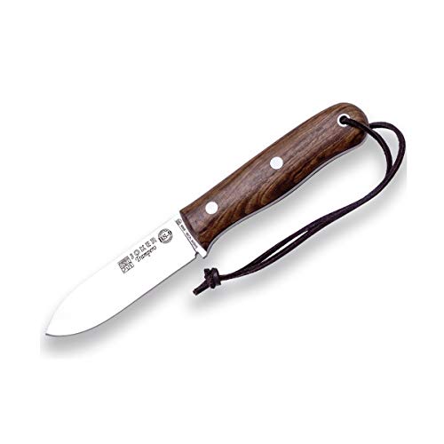 Joker Cuchillo Deportivo de Monte y Caza Trampero CN113-P, Mango de Madera de Nogal, Hoja de 10 cm, Funda Piel marrón, Incluye pedernal, Herramienta de Pesca, Caza, Camping y Senderismo