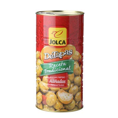 JOLCA -Aceitunas verdes Receta Tradicional- Aceitunas partidas Aliñadas- Variedad Verdial- Ideal para Tapas 1450 g Neto