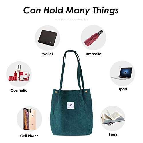 JOLIGAEA Bolso Grande de Pana Para Mujer, Estilo Coreano Bolso de mano Bolso de Hombro, Bolso de Compras Bolsos Casuales Retro, Retro Snap Fastener Cierre Lienzo Bolsa de Playa Tote Bag (Verde)