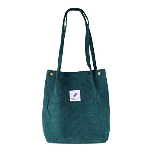 JOLIGAEA Bolso Grande de Pana Para Mujer, Estilo Coreano Bolso de mano Bolso de Hombro, Bolso de Compras Bolsos Casuales Retro, Retro Snap Fastener Cierre Lienzo Bolsa de Playa Tote Bag (Verde)