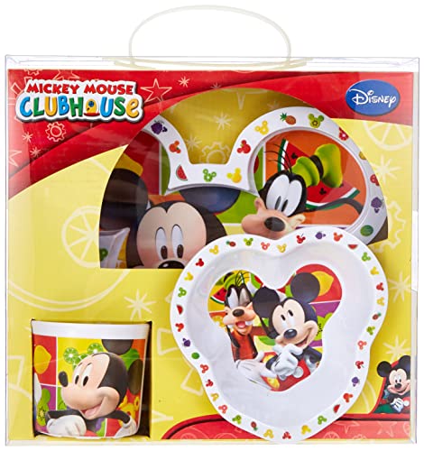 Joy Toy 736095 - Disney Mickey Mouse - Juego de 3 Piezas de malamina: 1 Plato Llano 20 cm, 1 Plato Hondo 14 cm y una Taza 9 cm (245 ml) en Paquete Regalo (27 x 10 x 25 cm)