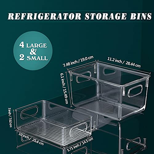 Juego de 6 Organizadores de Nevera (4 Grandes / 2 Pequeños), FINEW Organizadores para la despensa, Transparente Organizador de Caja de Almacenamiento para Cocinas, Refrigeradores, Armarios - sin BPA