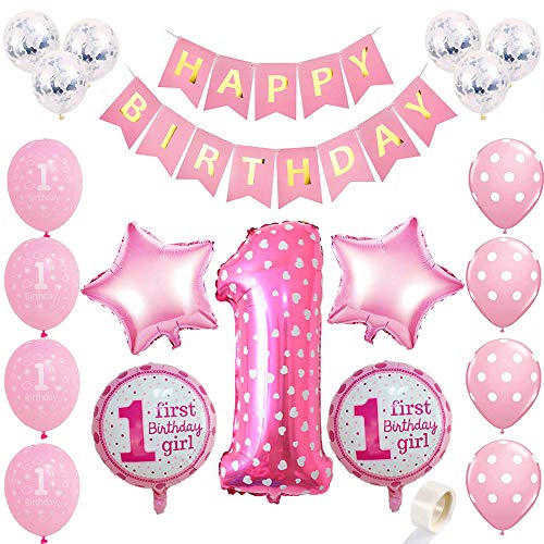 Juland Kit de Decoraciones para niña de 1er cumpleaños Suministros para la Primera Fiesta Rosa - Globo de Aluminio número 1, Estandarte Feliz Dorado, Estrellas y Dulces, Globos de Confetti