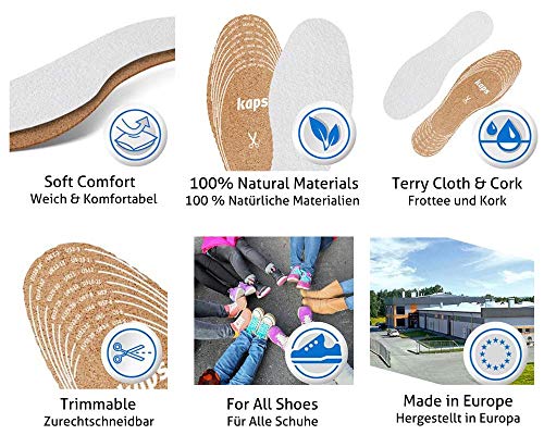 Kaps Cork Frotte Kids, Plantillas De Zapatos De Corcho Y Felpa Para Niños, Frescura E Higiene, Talla A Medida, Corte A Medida, Todos Los Tamaños, 1 Par