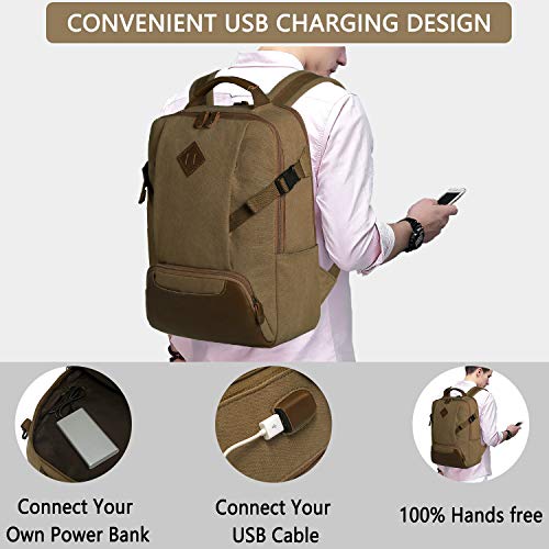 Kasgo Mochila Hombre Mujer, Impermeable Vintage Lona Mochilas Escolares Juveniles Mochila Portatil 15.6 Pulgadas con Puerto USB para Universidad/Negocios/Viajes/Trabajo Caqui