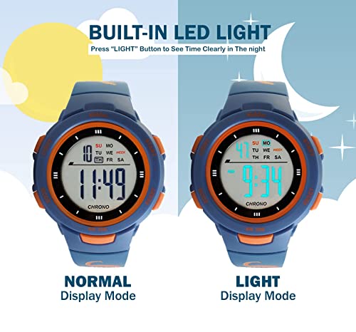 KIDDUS Reloj Digital para niñas y niños. con cronómetro, Calendario, Despertador y luz. Resistente al Agua. Deportivo, Luminoso, de Pulsera, LED. De 5 a 12 años. Dinos