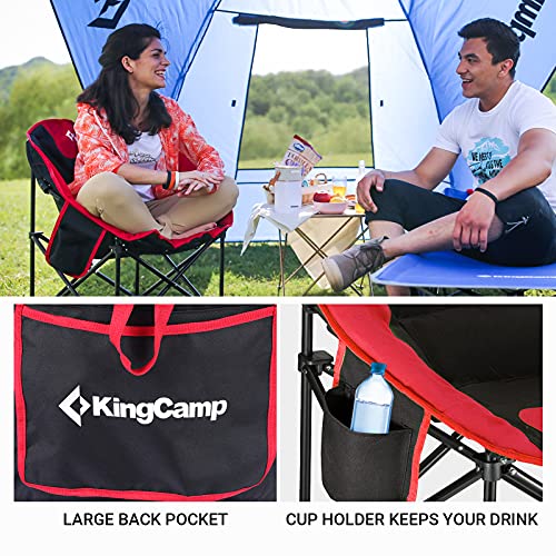 KingCamp Luna Platillo Cámping Silla Plegable Redonda Asiento Acolchado Estructura de Acero Resistente con portavasos y Bolsillo Trasero (Vaso Rojo)