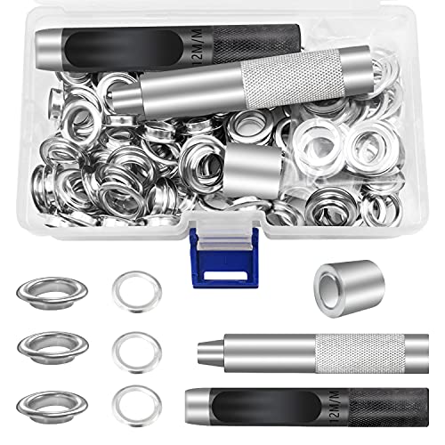 Kit Ojales Metalicos, 100Pcs Kit de Ojales para Lonas, Herramienta de Ojetes12mm, para Lonas Toldos Cuero Cortinas con Caja de Almacenamiento