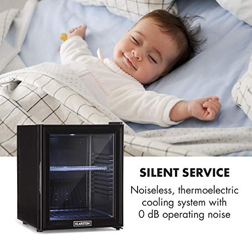 Klarstein Brooklyn - Nevera pequeña, Mini nevera con potencia 65 W, Mini frigorífico sistema SilentCool termoeléctrico, Auto DeFrost, LED, Puerta cristal, Altura regulable, 32 Litros, Negro mate