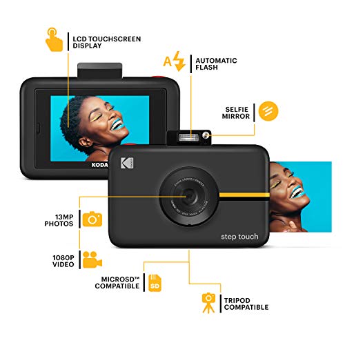 KODAK Step Touch | Cámara digital de 13 MP e impresora instantánea con pantalla de 3,5", vídeo de alta definición, zoom óptico de 10x, suite de edición, Bluetooth y tinta cero ZINK. | Negro