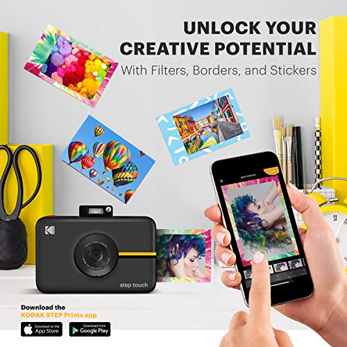 KODAK Step Touch | Cámara digital de 13 MP e impresora instantánea con pantalla de 3,5", vídeo de alta definición, zoom óptico de 10x, suite de edición, Bluetooth y tinta cero ZINK. | Negro