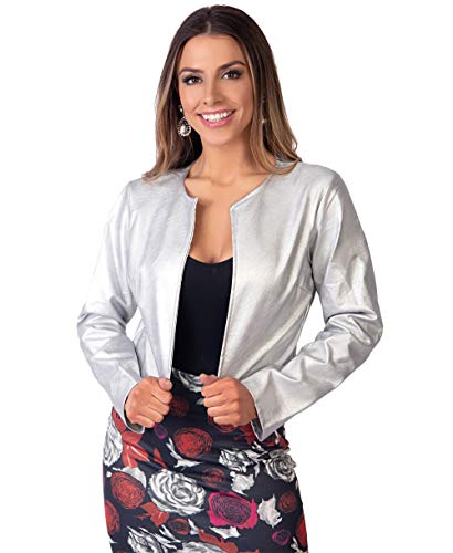 KRISP Bolero Elegante Mujer Fiesta Torera Talla Grande Manga Larga Joven Chaqueta Corta Boda Formal Vestir, (Plateado, L), 4432-SIL-L