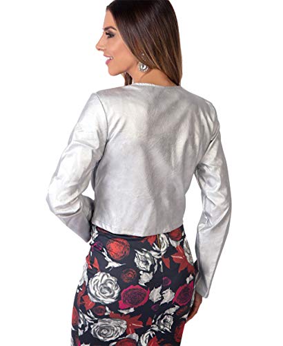 KRISP Bolero Elegante Mujer Fiesta Torera Talla Grande Manga Larga Joven Chaqueta Corta Boda Formal Vestir, (Plateado, L), 4432-SIL-L