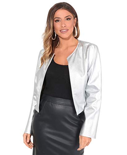 KRISP Bolero Elegante Mujer Fiesta Torera Talla Grande Manga Larga Joven Chaqueta Corta Boda Formal Vestir, (Plateado, L), 4432-SIL-L