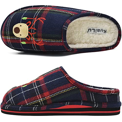 KuaiLu Zapatillas Casa Mujer Navidad Reno Invierno Pantuflas Caliente Peluche Piel Forradas Cerradas Babuchas Señoras Comoda Peludas Pelo Memory Foam Cuadros Slipper Antideslizante Goma Suela Negro 39