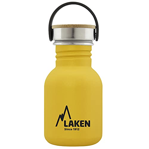 Laken Botella de Acero Inoxidable con Tapón de Rosca Acero y Bamboo y Boca Ancha 350ml, Amarillo