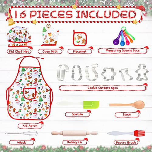 LEMESO 16 Piezas Mini Chef Juego de Cocina Niños Delantal Tema Navidad, Kit Completo de Repostería Infantil Cortador de Galletas Navideño Regalo Juguetes de Cocinero para Niños