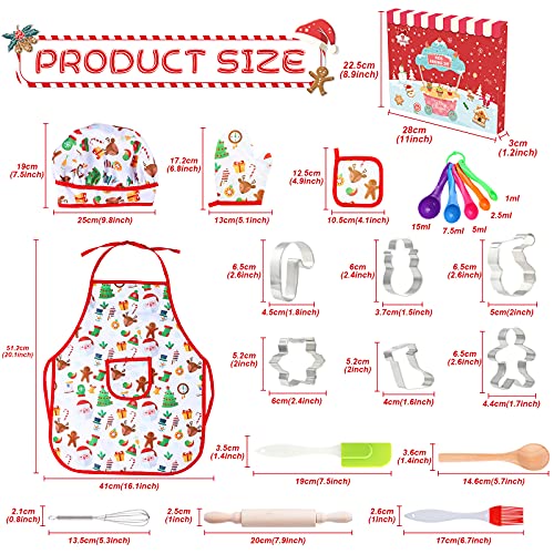 LEMESO 16 Piezas Mini Chef Juego de Cocina Niños Delantal Tema Navidad, Kit Completo de Repostería Infantil Cortador de Galletas Navideño Regalo Juguetes de Cocinero para Niños