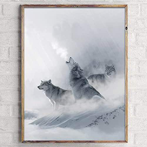 Lienzo Cuadro Nieve montaña Lobo Paisaje póster Lienzo impresión Pintura Pared Arte Salon de Estar Decoracion Moderna para el hogar 50x70cm x1 Sin Marco