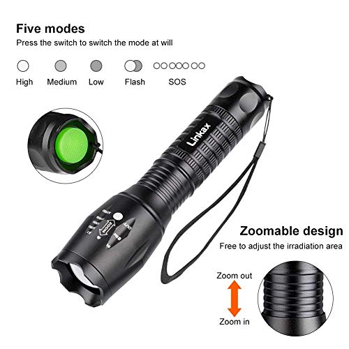 Linkax LED Taktische Taschenlampe 2 Stück Superhelle 800 Lumen Taschenlampen Tragbare Zoombar Taschenlampe Outdoor Camping Handlampe Mit einstellbarem Fokus inklusive 6 AAA Batterie