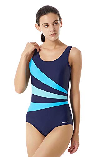 LULUWINGX Bañador de una Pieza para Mujer Traje de baño de Tres Paneles Frontales Espalda Baja UPF 50+ Azul Marino(Large)