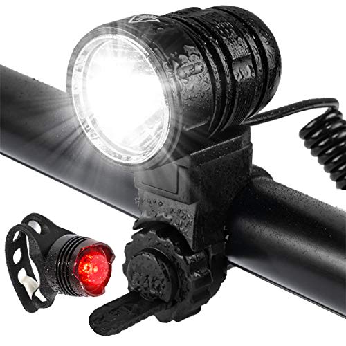 Luz Bicicleta, USB Recargables Luces Bicicleta, Alto Brillo de hasta 1200 lúmenes, 5 Modos Iluminación, Luz de Bicicleta Impermeable, Al Aire Libre LED Luces Bici Delantera and Luces Trasera Kit