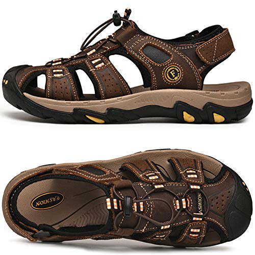 Lvptsh Sandalias Hombre Zapatillas de Senderismo Transpirable Peso Ligero Cuero Camper Deportivas Sandalias Al Aire Libre Pescador Playa Zapatos,Marron oscuro,EU43