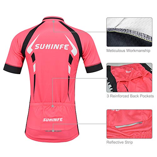 Maillot Ciclismo Mujer Verano, Respirable equipacion Ciclismo y Culotte Tira Reflectante y Bolsillos Traseros, MTB, Rosa, M