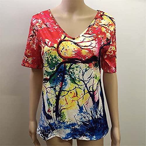 Manga Corta Mujer Tops Mujer Sexy con Cuello En V Estampado Mariposas Camiseta Mujer Verano Elegante Suelta Cómoda Casual Mujer Blusa G-Red 3XL