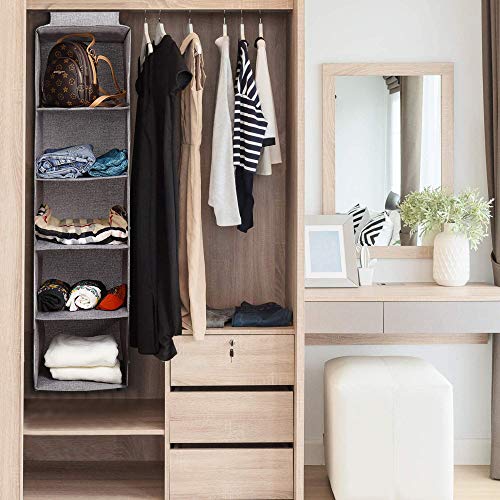 MaoXinTek Organizador de Armario Colgante, Estantes de Almacenamiento Plegable de 5 Niveles, Fácil Montaje para Ropa, Bolso, Zapatos, Accesorios, Bolsillos, Tela de Yute Lavable, Gris