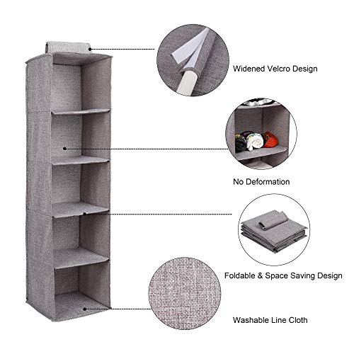 MaoXinTek Organizador de Armario Colgante, Estantes de Almacenamiento Plegable de 5 Niveles, Fácil Montaje para Ropa, Bolso, Zapatos, Accesorios, Bolsillos, Tela de Yute Lavable, Gris