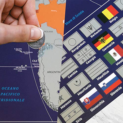 Mapa del mundo para rascar con banderas + mapa de Italia para rascar en regalo (mapa del mundo 82 x 44 cm, mapa de Italia 30 x 42 cm), azul/plateado