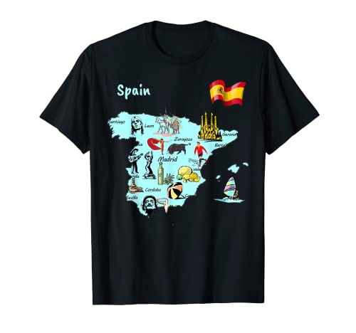 mapa turístico de España, lugares de interés, principales ciudades, bandera, Europa Camiseta