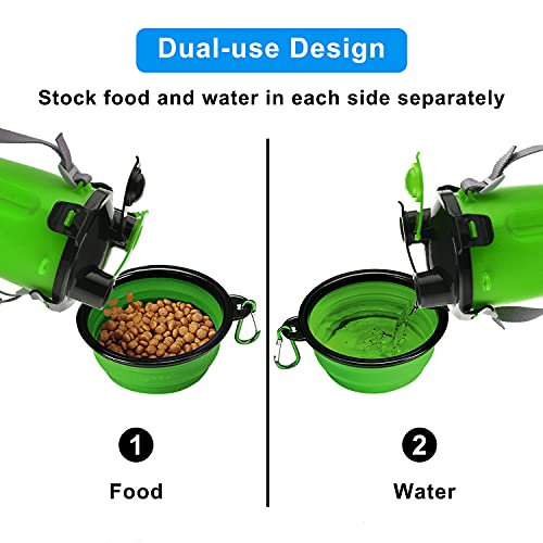 MATT SAGA Botella de Agua para Perros Portatil Envase de Comida para Perros con 2 Plegable Tazones para Perros Gatos Mascotas Adecuado para al Aire Libre Caminar Viajar (Verde)