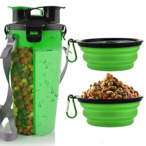 MATT SAGA Botella de Agua para Perros Portatil Envase de Comida para Perros con 2 Plegable Tazones para Perros Gatos Mascotas Adecuado para al Aire Libre Caminar Viajar (Verde)