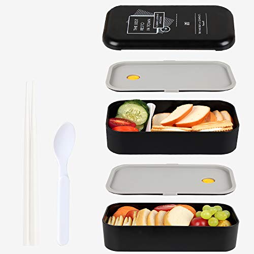 MEIXI Caja Bento Grande,1100ml Fiambrera Infantil, Caja de Almuerzo, Táper Almuerzo, Fiambreras para Niños con 2 Compartimentos y Juego de Cubierto, Recipiente para Alimentos (Negro)