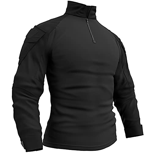 Memoryee Camisa de Manga Larga de Combate Militar del ejército táctico para Hombres Camiseta Slim fit de Camuflaje con Cremallera 1/4 y Bolsillos/Negro/L(Tag 2XL)